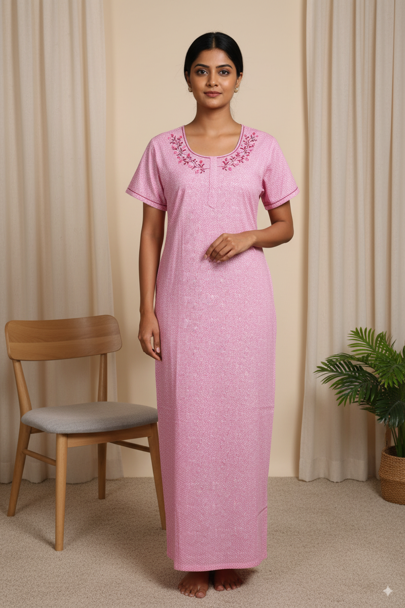 Women’s Cotton Nighty with Floral Neck Embroidery – Pink
