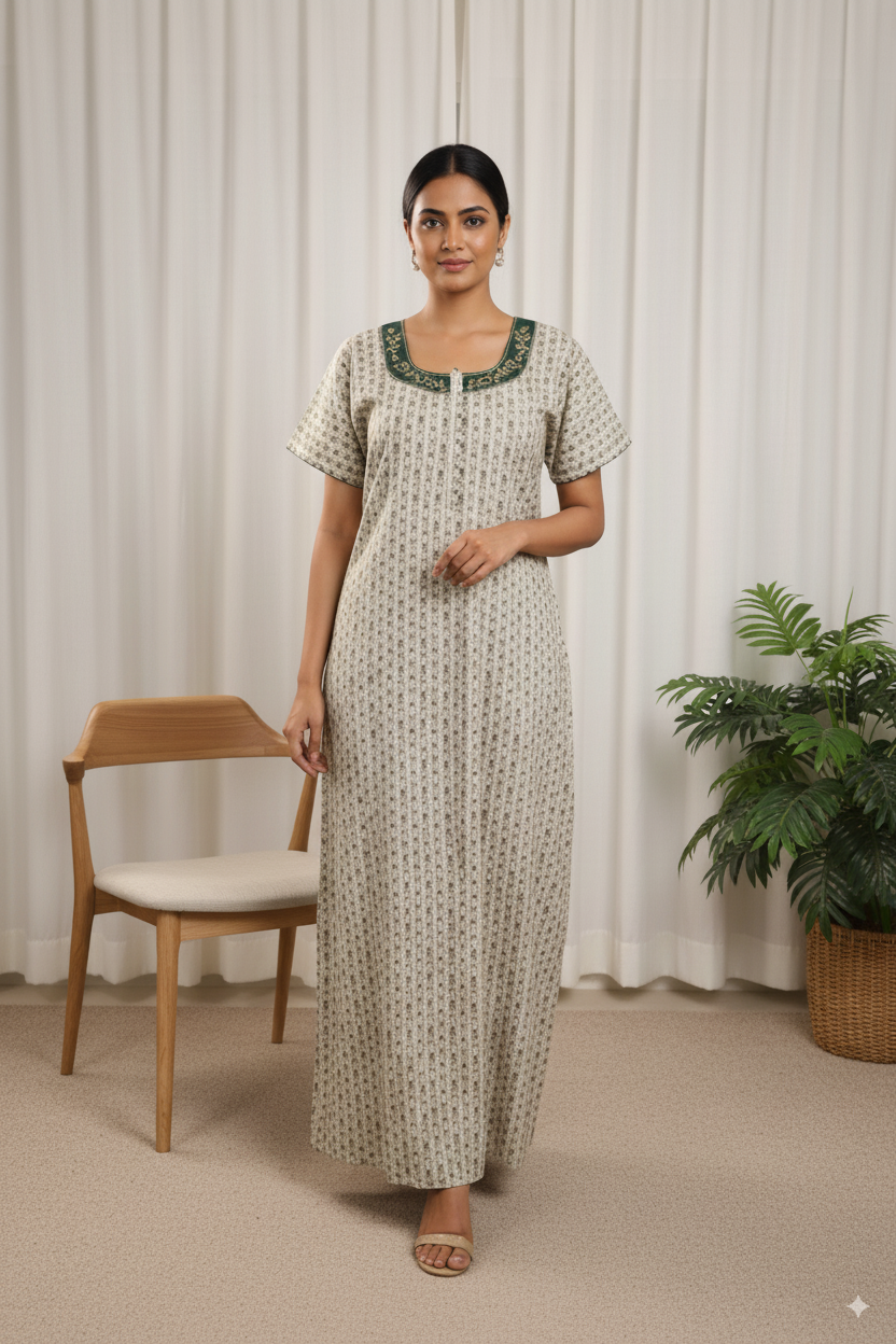 Women’s Cotton Nighty with Green Embroidered Neckline – Beige Stripe Floral Print