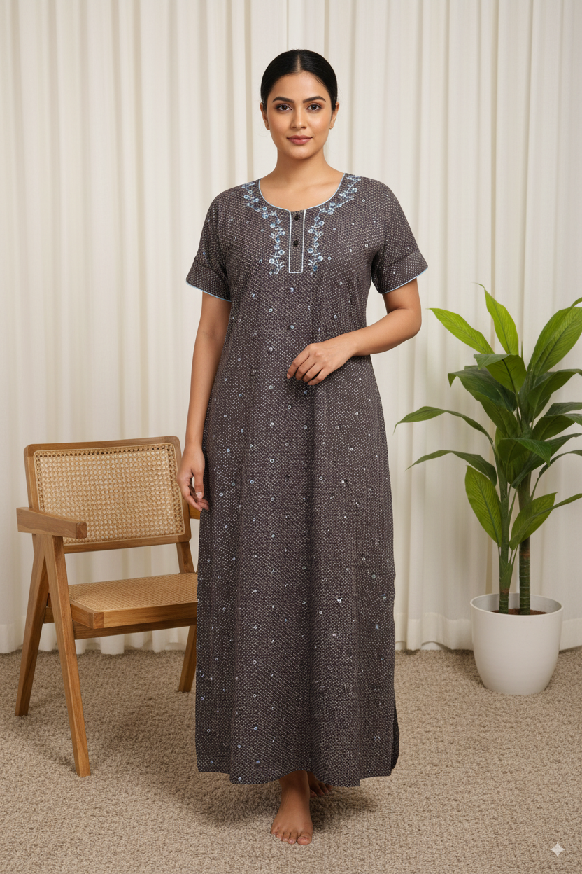Premium Cotton Black Nighty – Blue Embroidered Neck & Floral Print