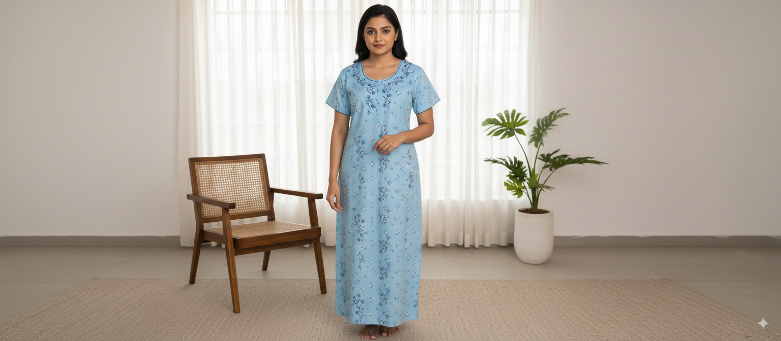 Women’s Cotton Nighty with Blue Floral Embroidery – Sky Blue