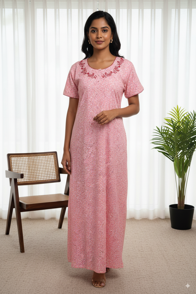 Women’s Cotton Nighty with Red Embroidered Neckline – Baby Pink Floral Print