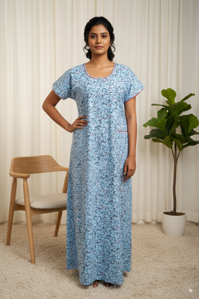 Premium Cotton Sky Blue Nighty – All Over Floral Print