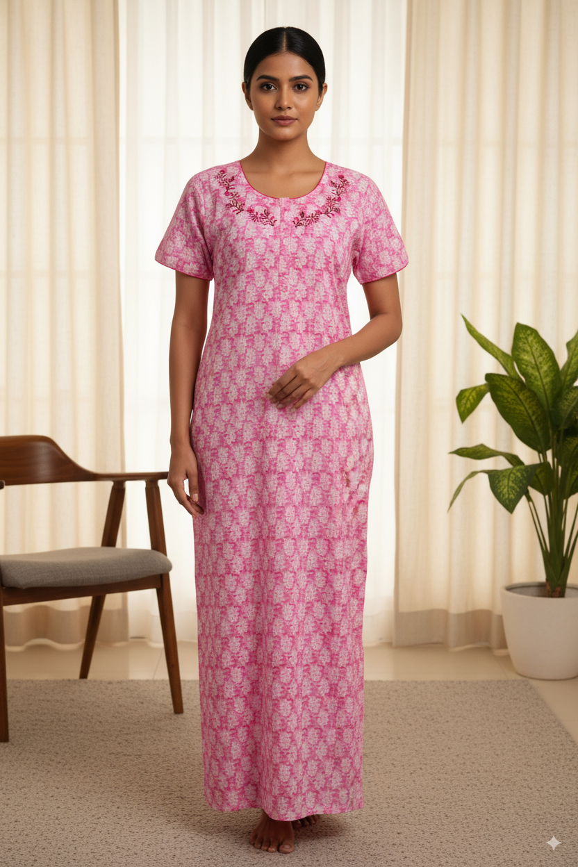 Pink Printed Cotton Nighty with Embroidered Neckline