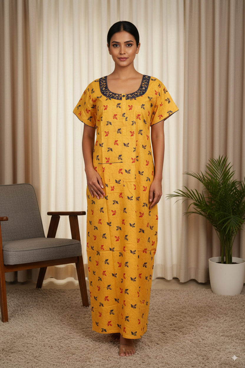 Mustard Yellow Printed Cotton Nighty with Embroidered Neck