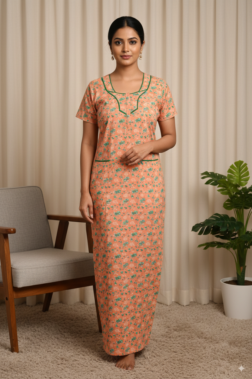 Women’s Cotton Nighty with Green Floral Print & Contrast Neck Design – Peach