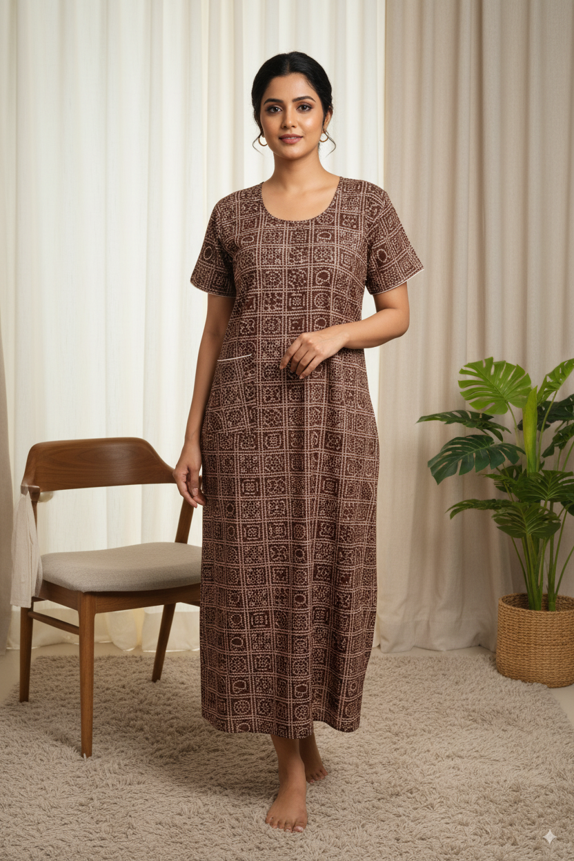 Brown Geometric Printed Cotton Nighty