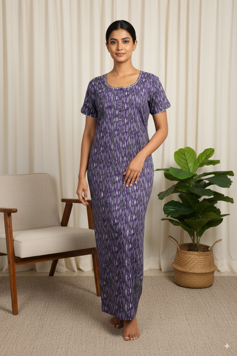 Purple Ikat Printed Cotton Nighty