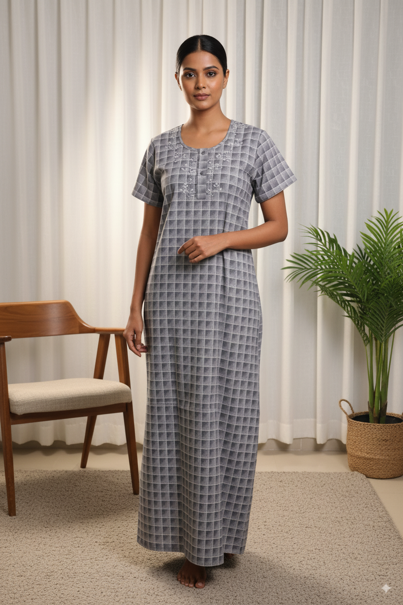 Women’s Cotton Nighty – Dark Green Floral Checked Pattern
