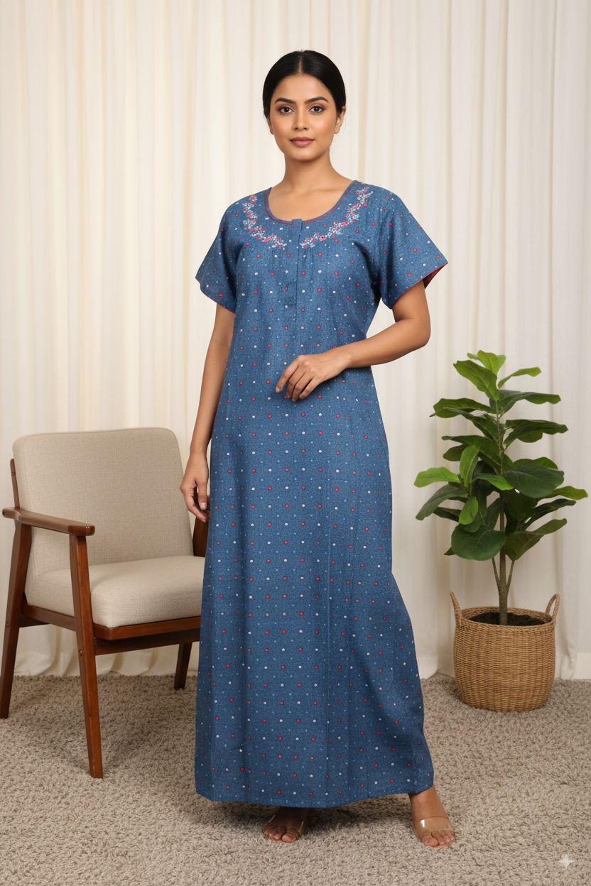 Blue Polka Dot Printed Cotton Nighty with Embroidered Neckline