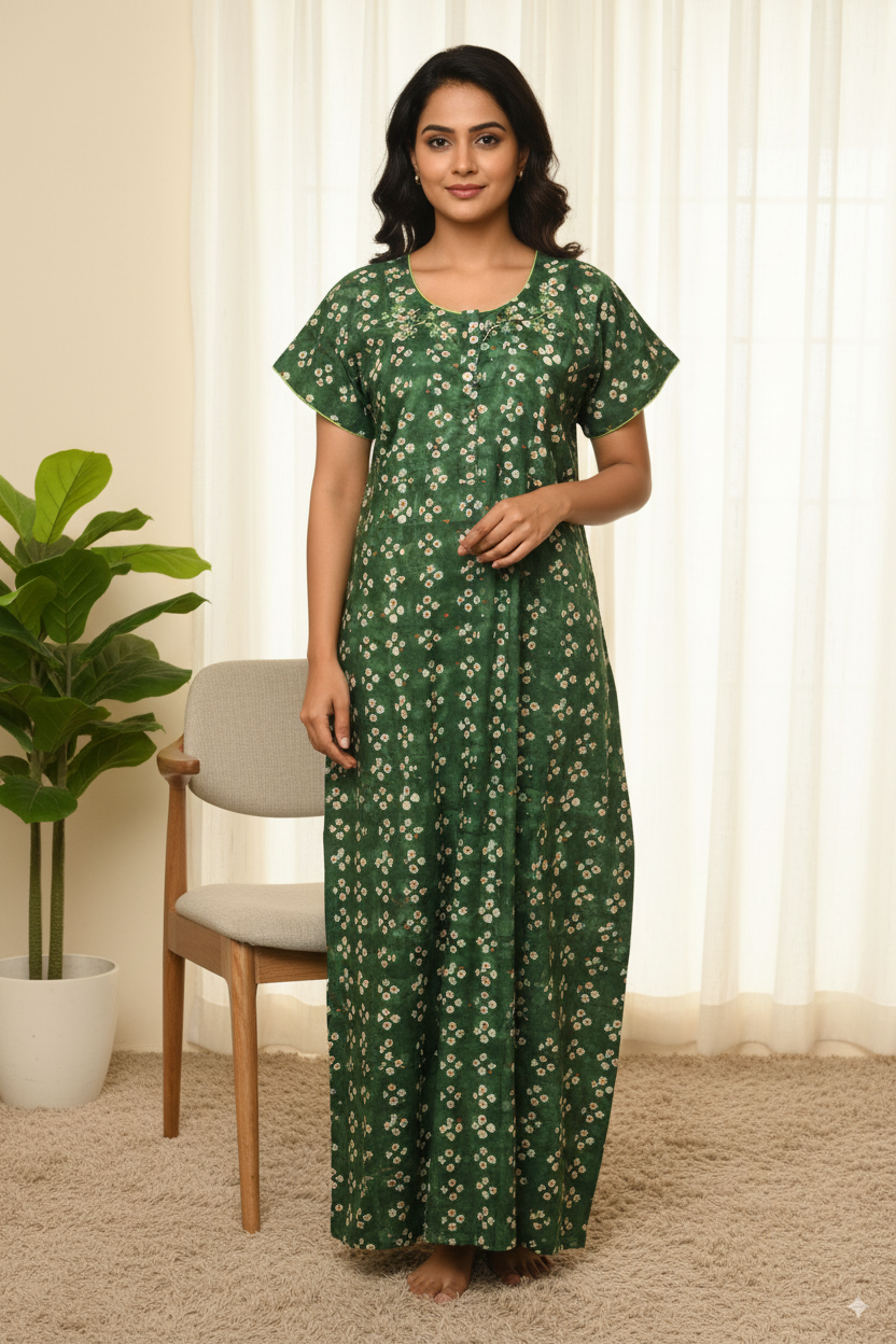 Elegant Green Floral Printed Cotton Nighty