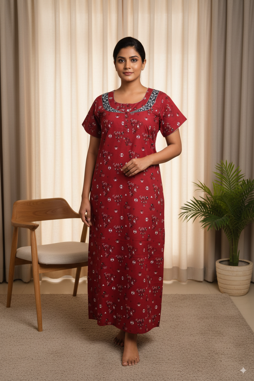 Women’s Cotton Nighty – Maroon Floral Print with Contrast Neck Design