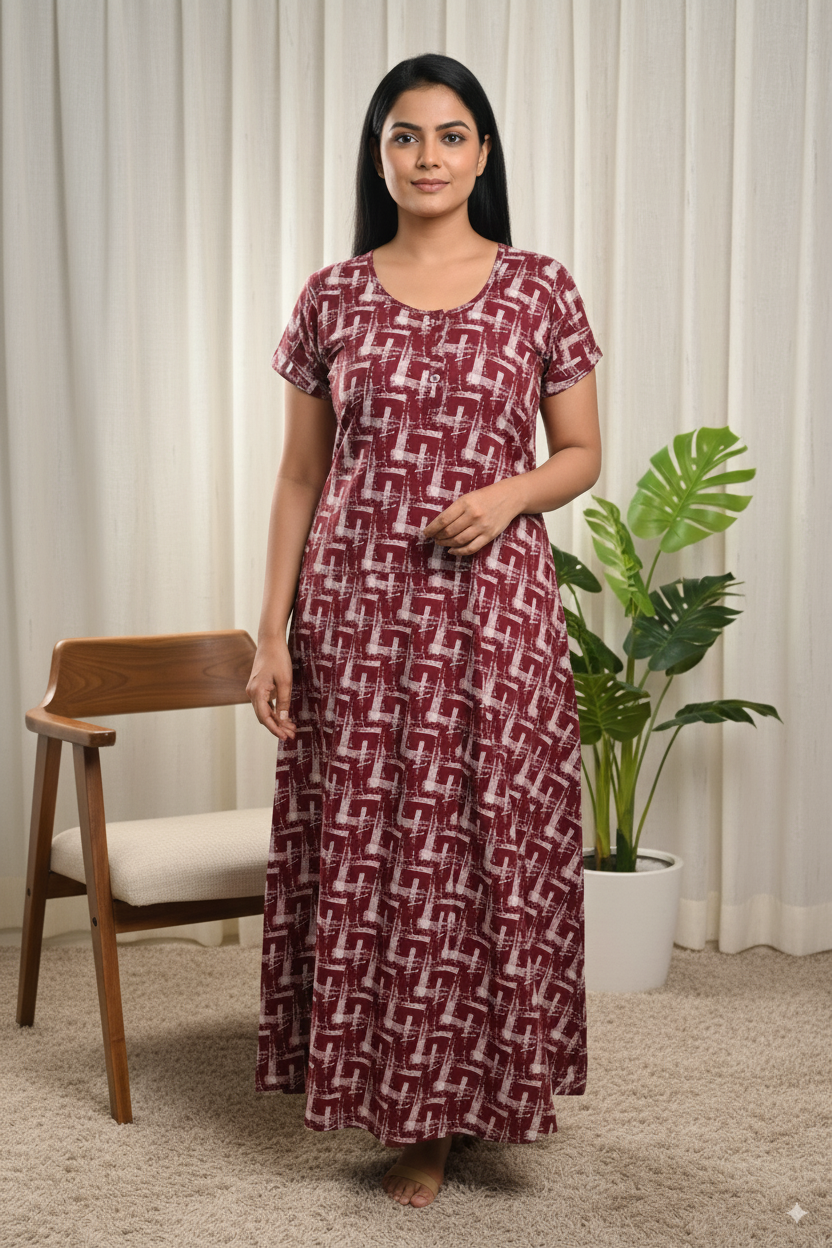 Maroon Printed Cotton Nighty – Comfortable Full-Length Loungewear