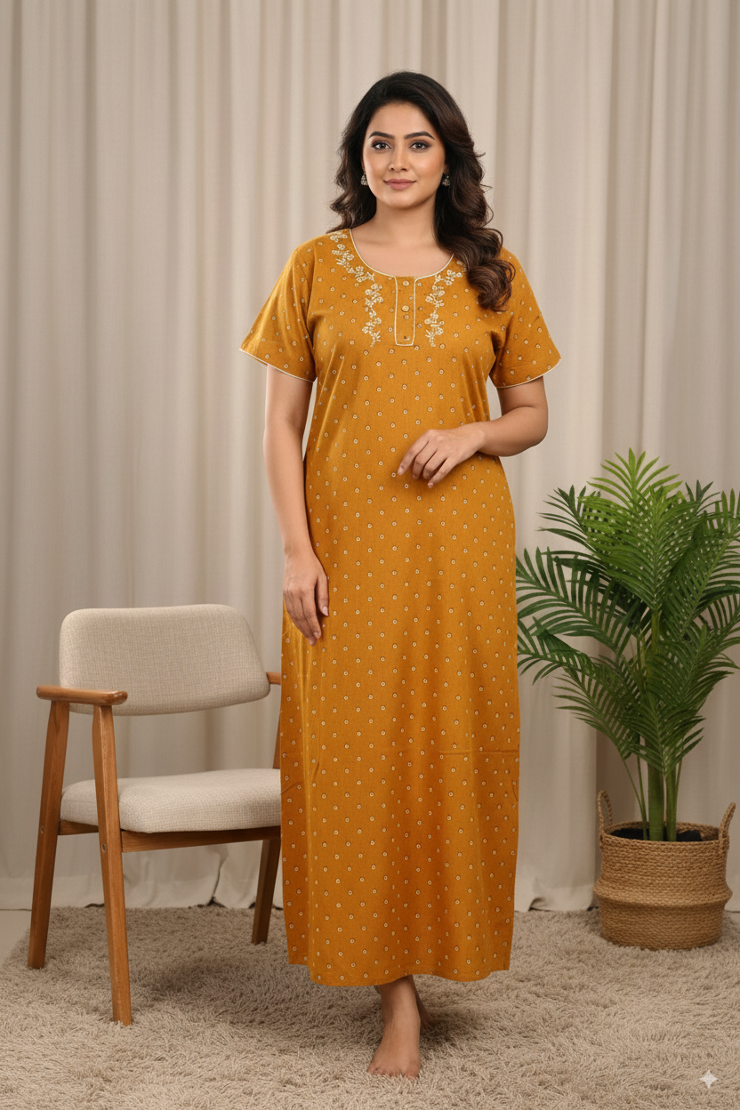 Mustard Yellow Printed Cotton Nighty with Embroidered Neckline