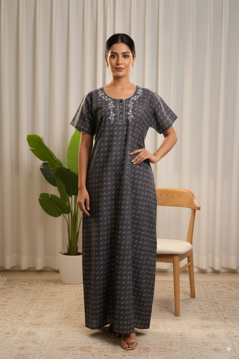 Elegant Grey Cotton Printed Nighty with Embroidered Neckline