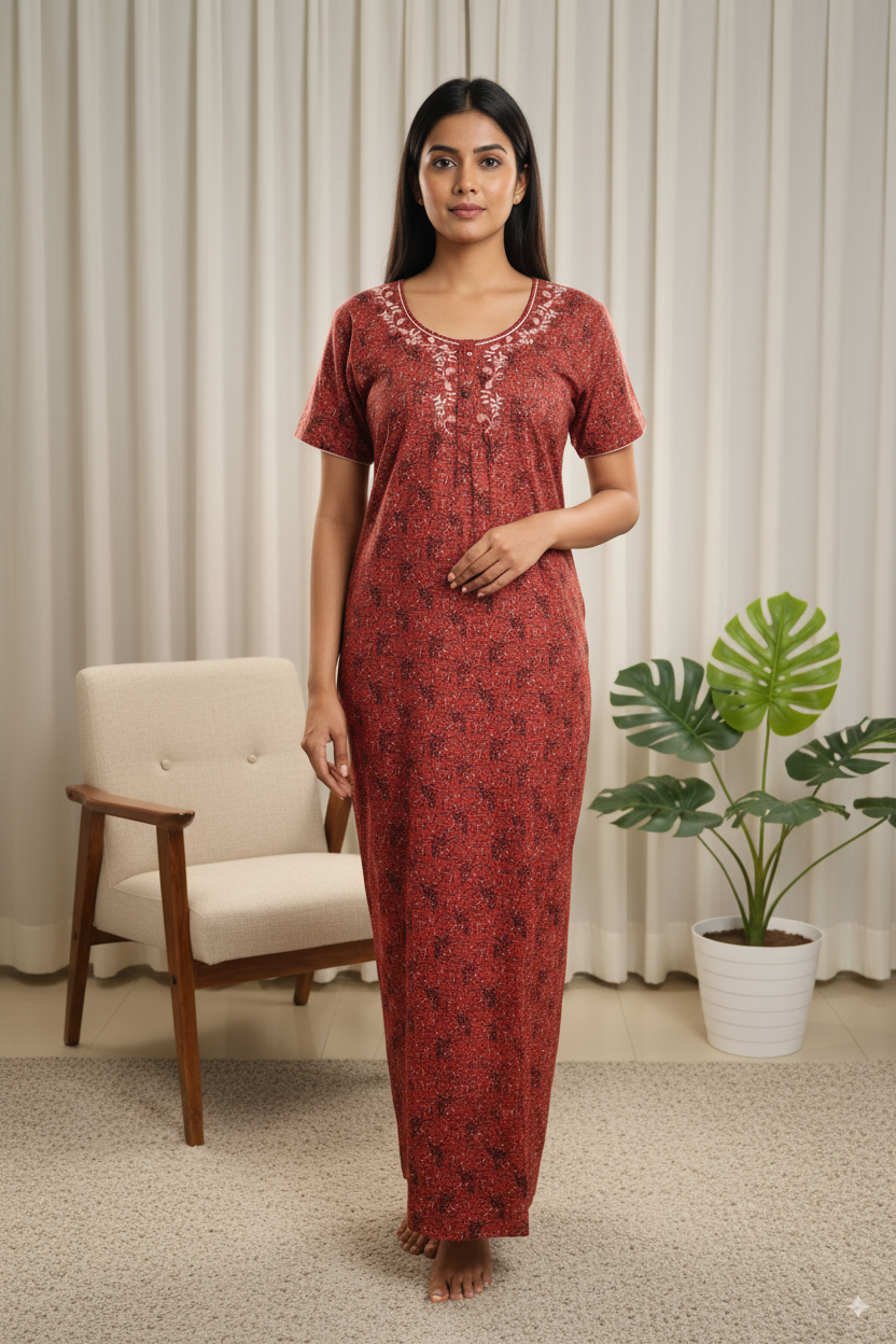 Brick Red Printed Cotton Nighty with Embroidered Neckline
