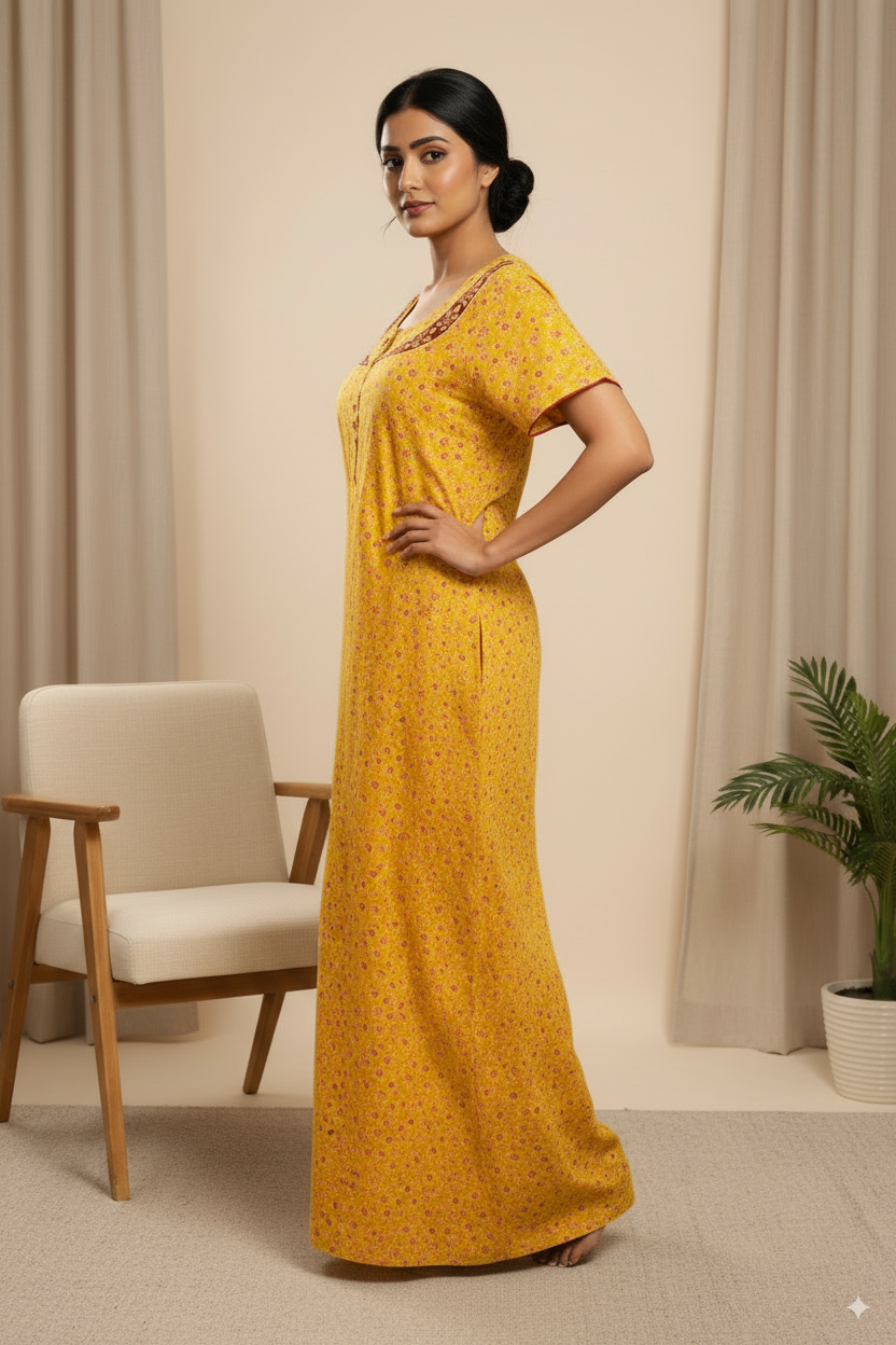 Yellow Printed Cotton Nighty with Maroon Contrast Neckline