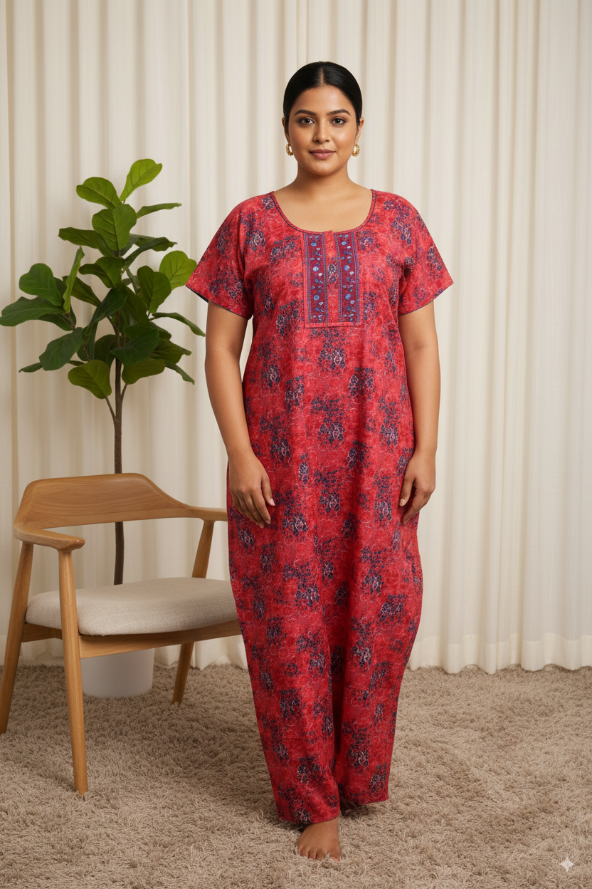 Women’s Cotton Nighty – Red Floral Print with Embroidered Neck Panel