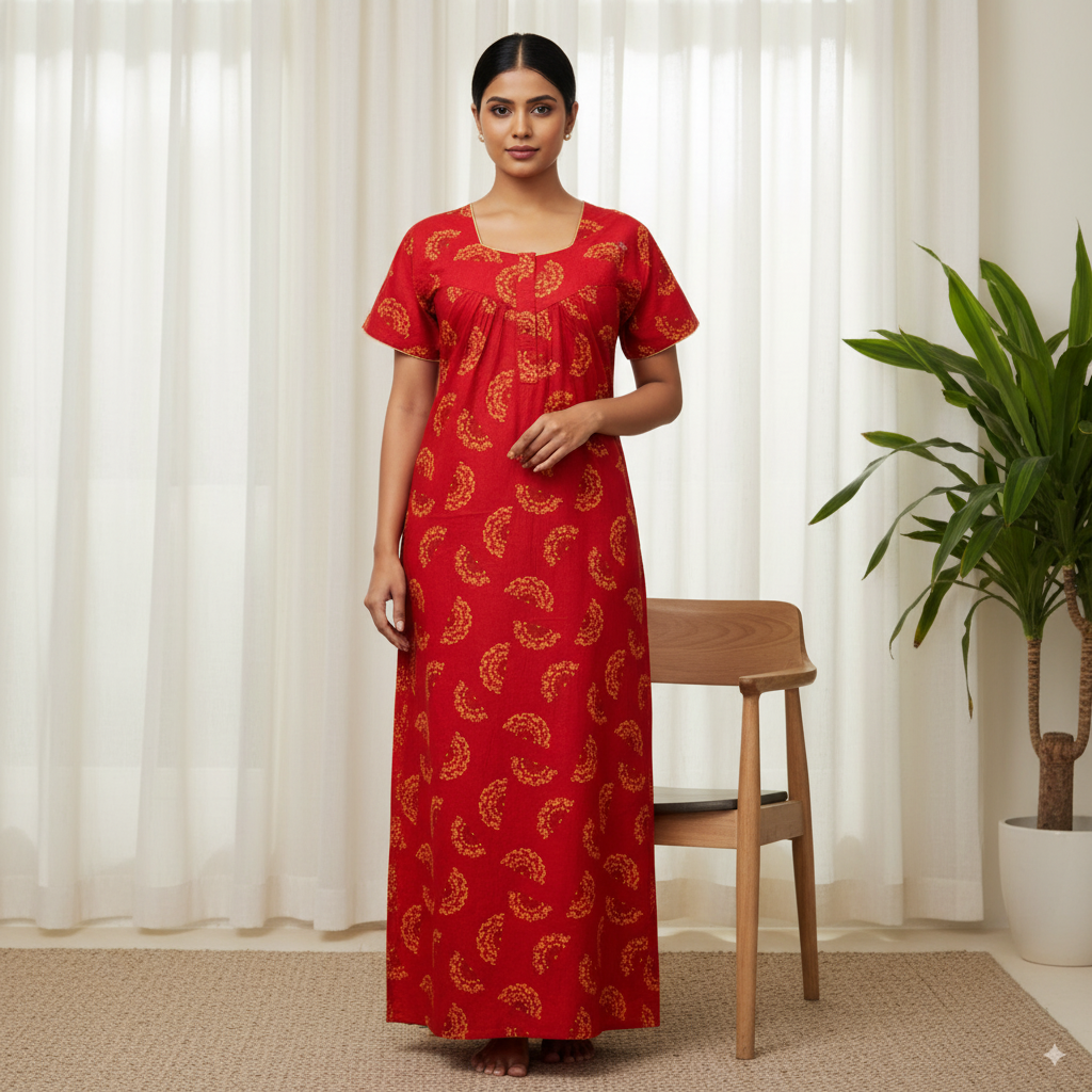 Premium Cotton Nighty – Red Paisley, Notch Neck, Short Sleeve