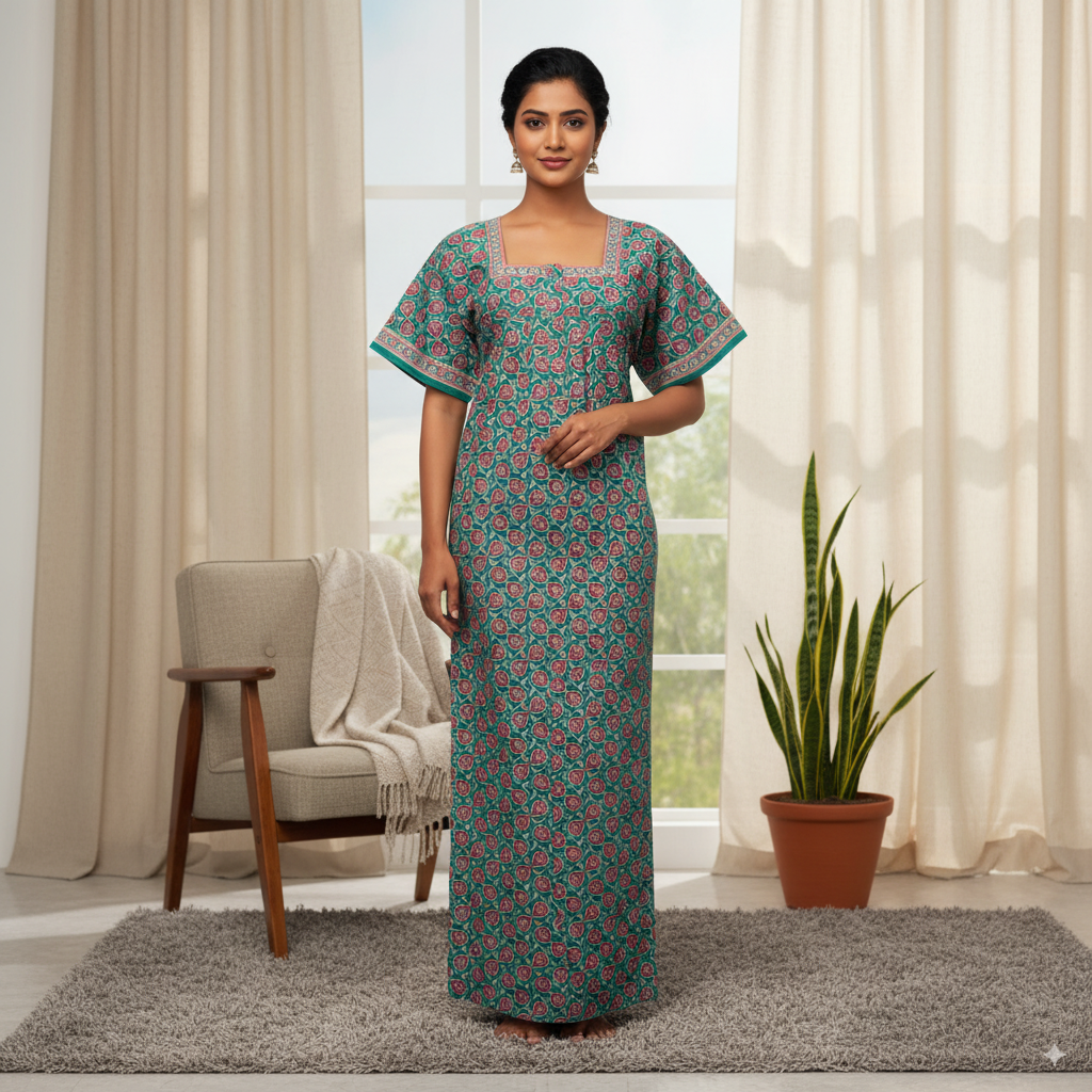 Jaipur Cotton Printed Nighty – Green with Red Floral Design