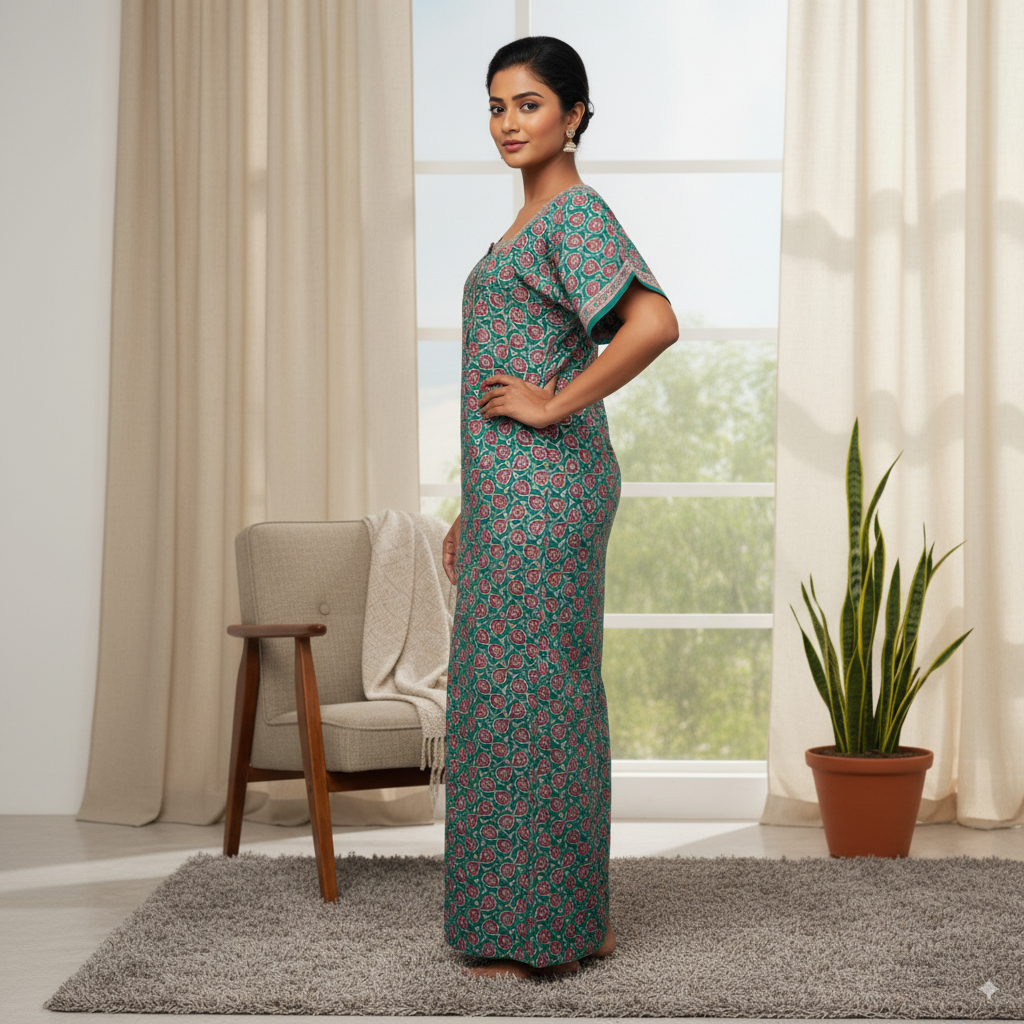 Jaipur Cotton Printed Nighty – Green with Red Floral Design