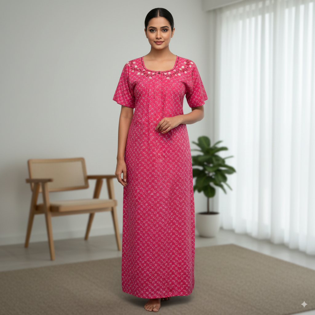 Pink Floral Embroidered Kaftan Nighty – Comfortable & Elegant Sleepwear