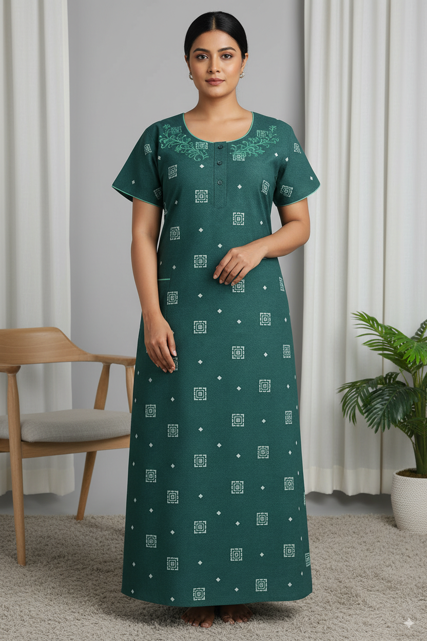 Dark Green Cotton Printed Nighty with Embroidered Neck & Pocket