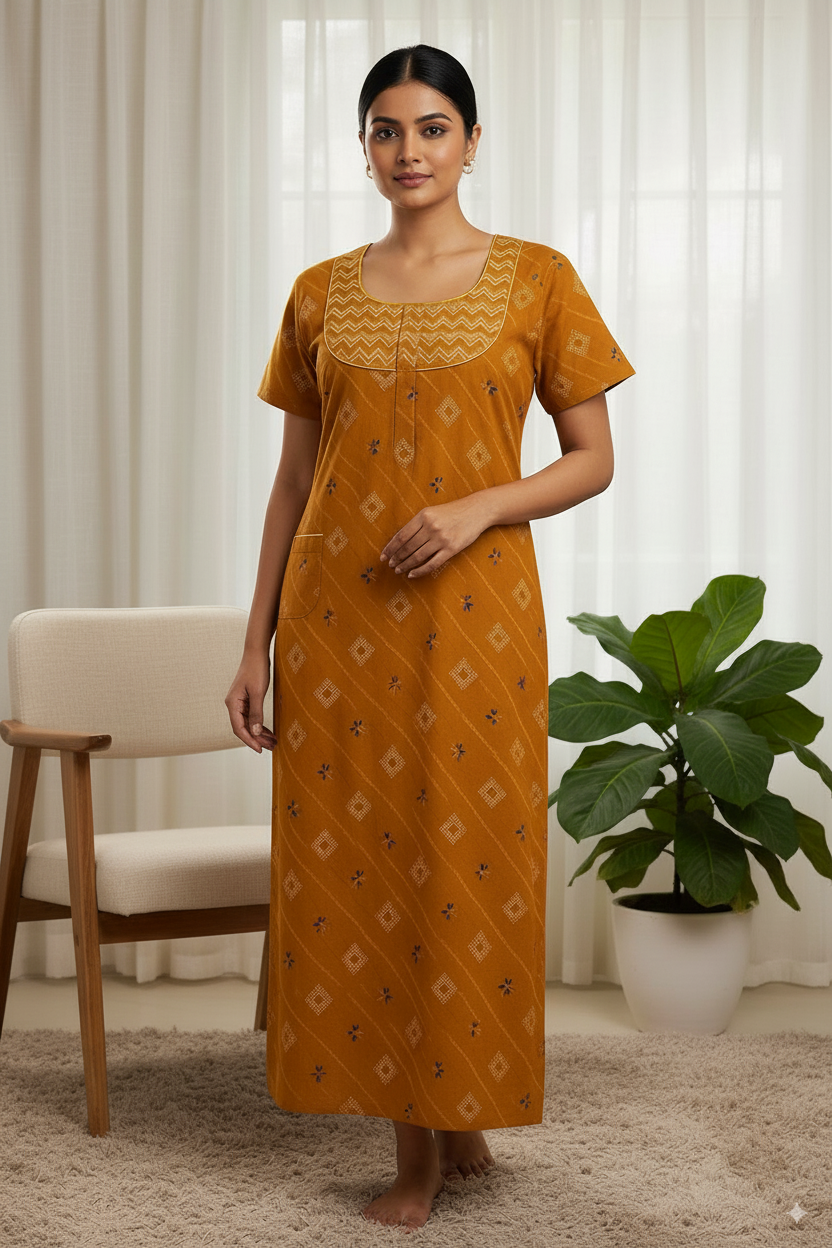 Rust Orange Printed Cotton Nighty with Zigzag Neck Yoke