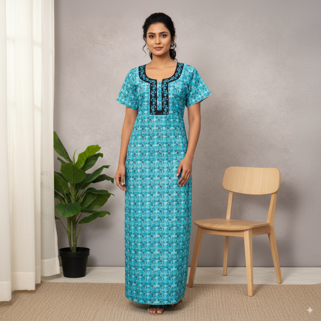 Aqua Blue Printed Cotton Nighty with Black Embroidered Yoke