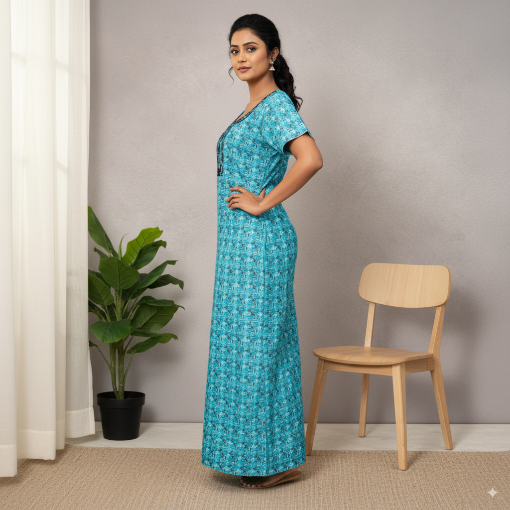 Aqua Blue Printed Cotton Nighty with Black Embroidered Yoke
