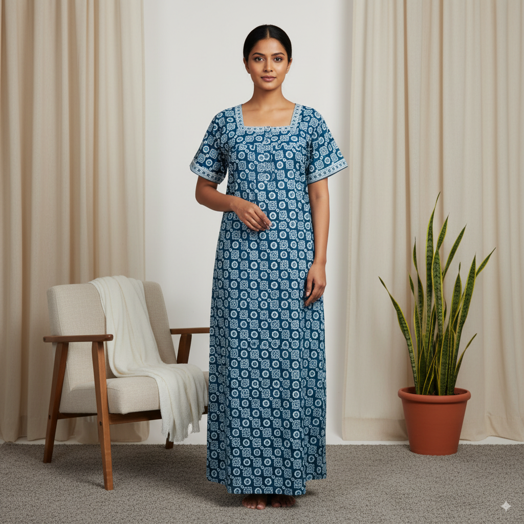 Jaipur Cotton Printed Nighty – Blue & White