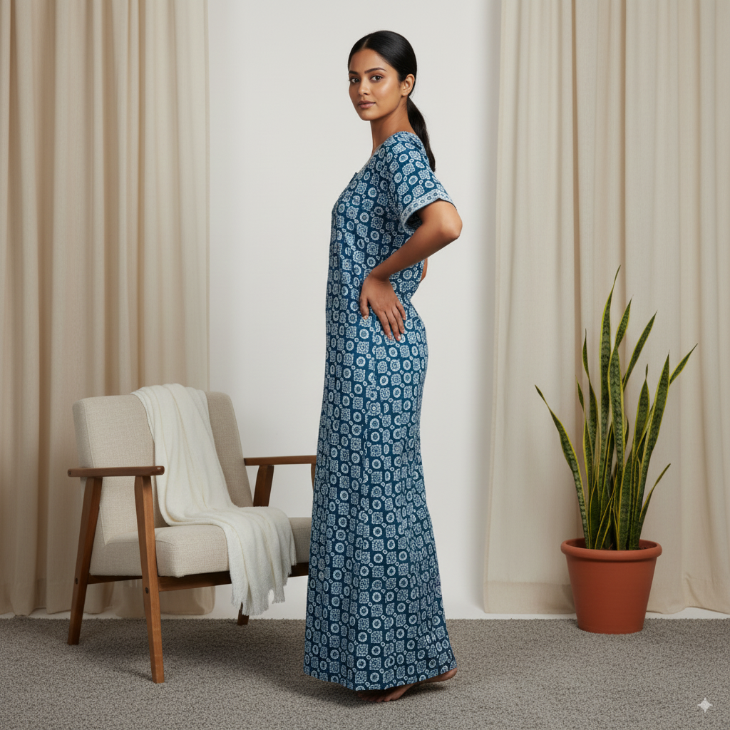 Jaipur Cotton Printed Nighty – Blue & White