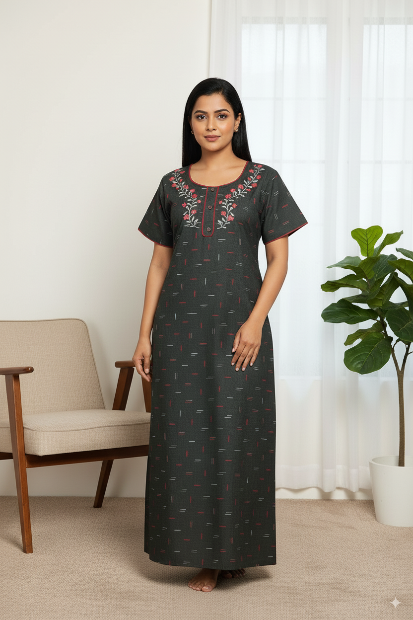 Charcoal Grey Printed Cotton Nighty with Red Floral Embroidery