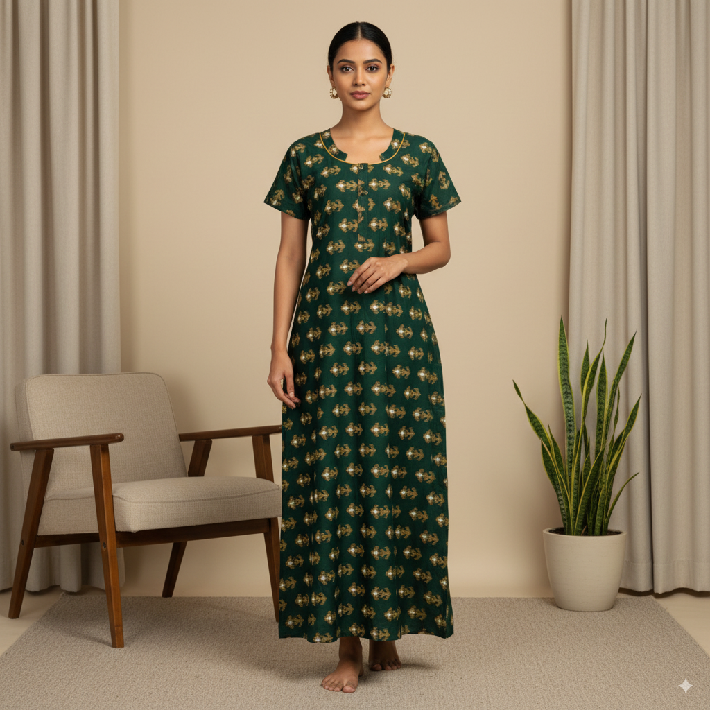 Rayon Nighty – Deep Green with Mustard Ikat-Inspired Print