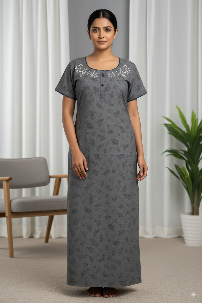 Elegant Grey Cotton Nighty with White Floral Neck Embroidery & Leaf Print