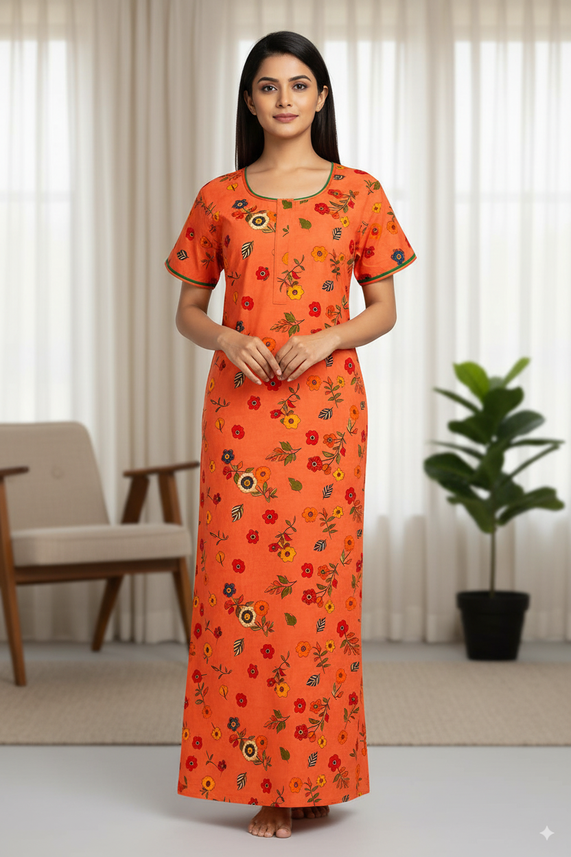 Bright Orange Floral Printed Cotton Nighty with Green Piping