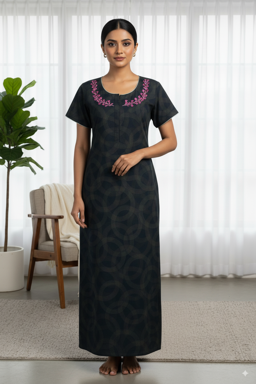 Elegant Black Circle Pattern Nighty with Pink Floral Neck Embroidery