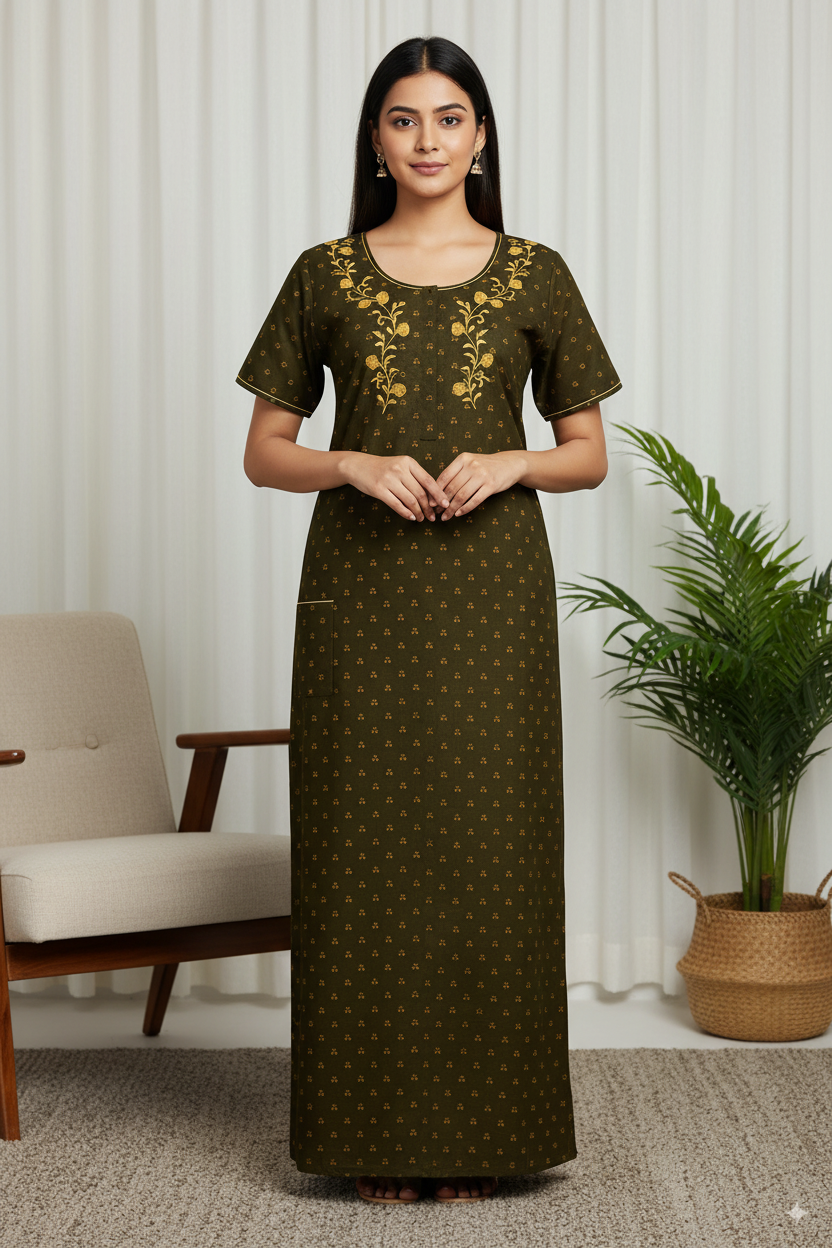 Olive Green Cotton Nighty with Yellow Floral Embroidery & All-Over Print