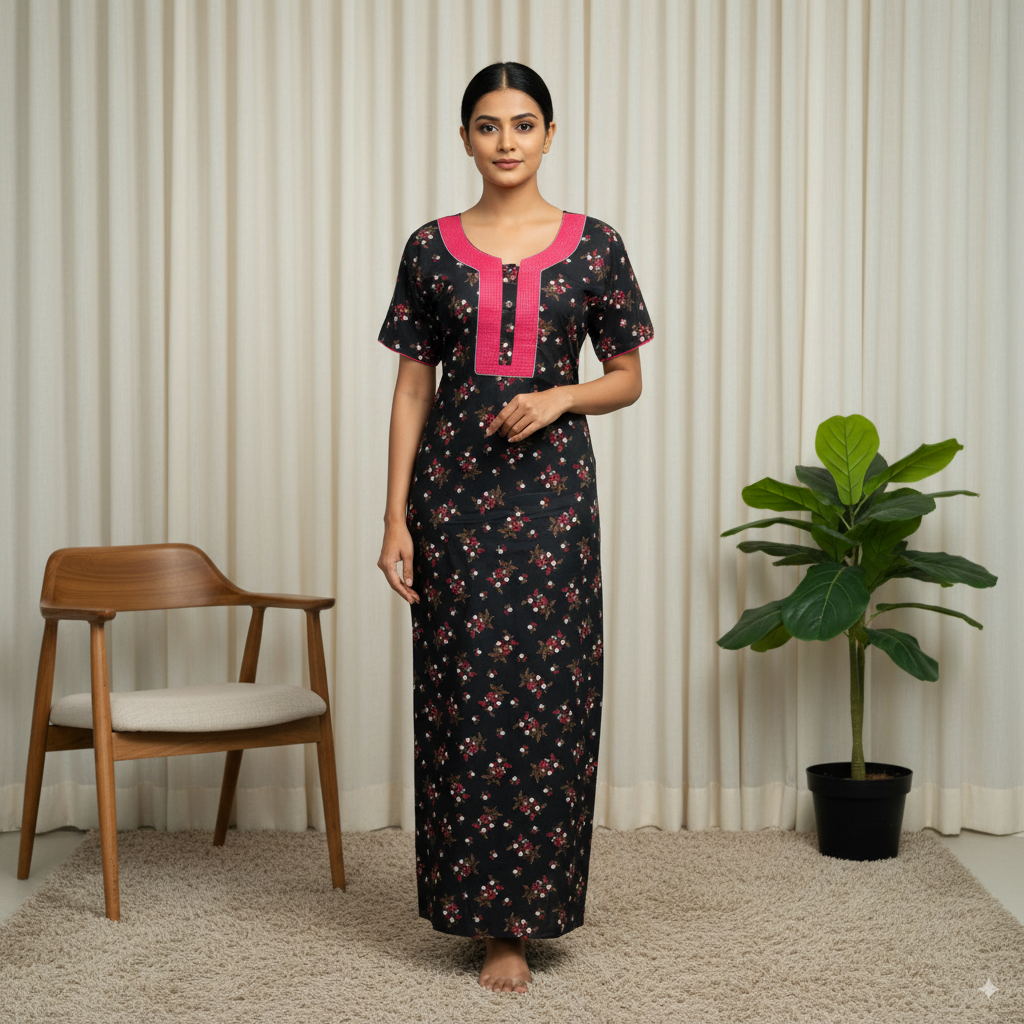 Rayon Nighty – Black Base with Floral Print and Pink Neck Panel