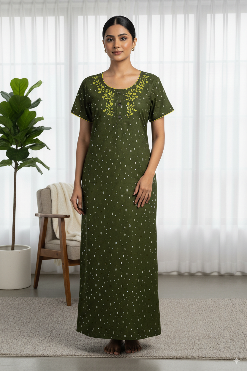 Olive Green Polka Printed Cotton Nighty with Blue Embroidered Neck