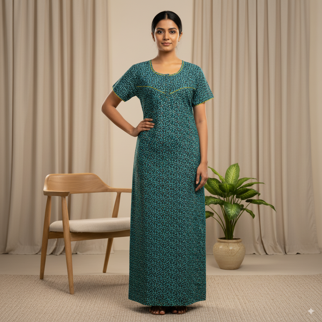 Elegant Green Floral Printed Nighty with Yellow Piping