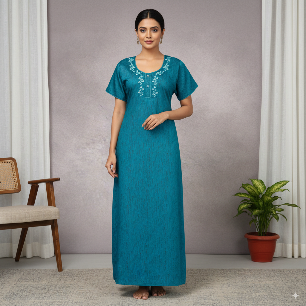 Teal Blue Cotton Nighty with Elegant Floral Neck Embroidery