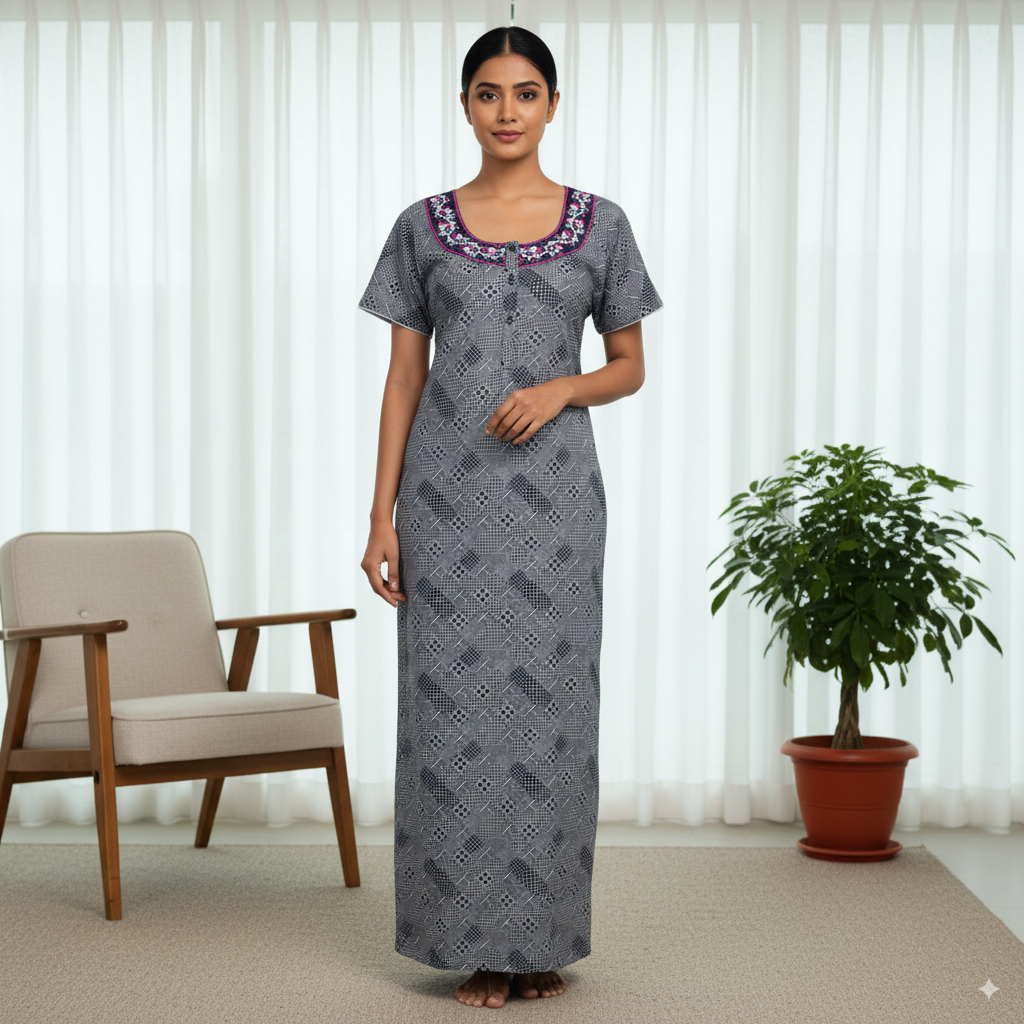 Grey Printed Cotton Nighty with Multicolour Embroidered Neck