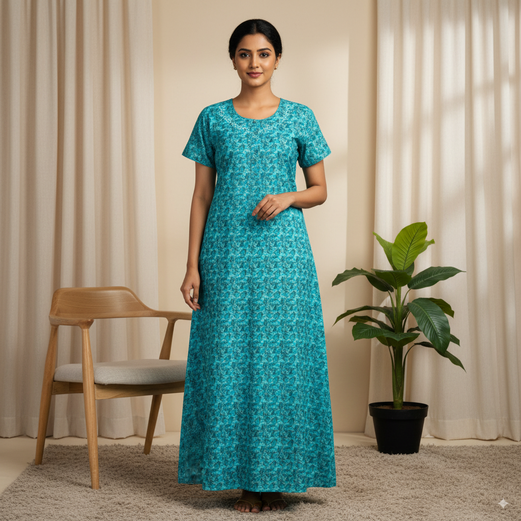 Teal Blue Tropical Leaf Printed Cotton Nighty