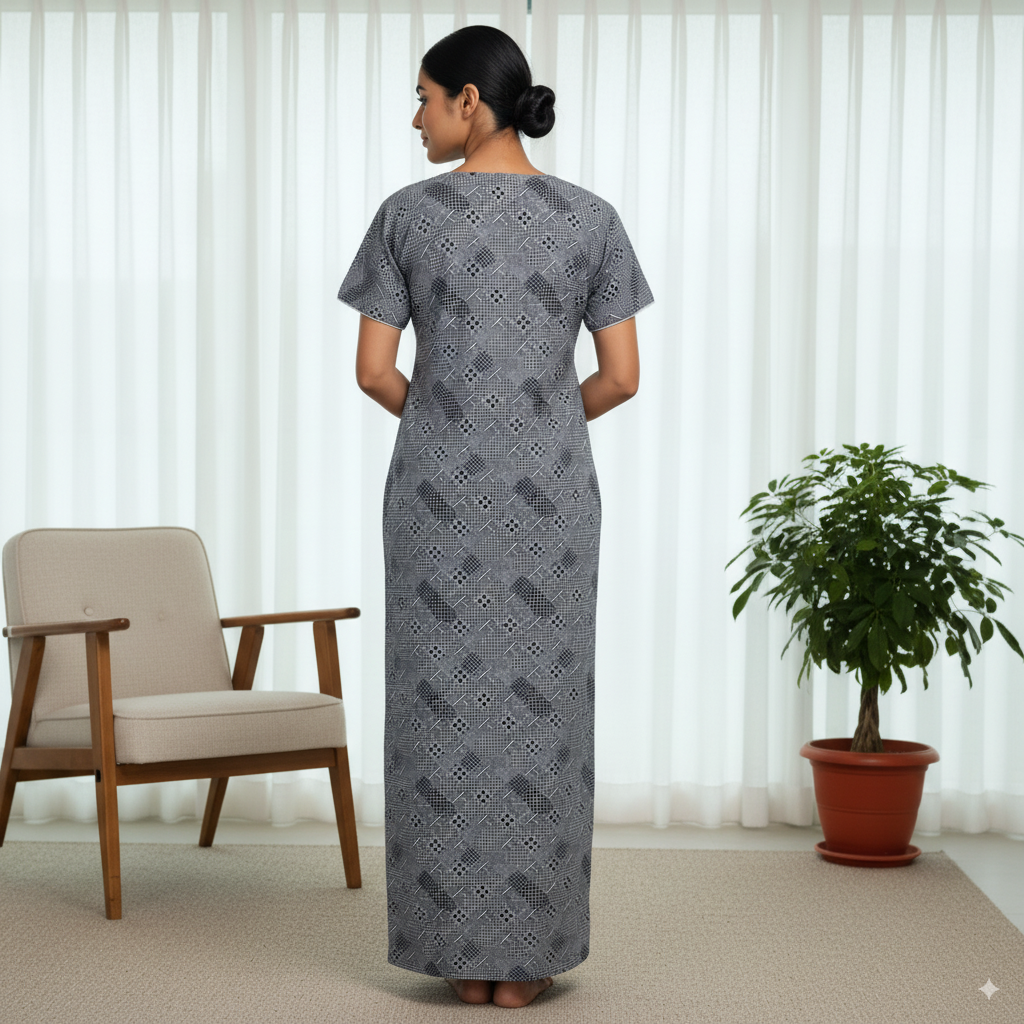 Grey Printed Cotton Nighty with Multicolour Embroidered Neck