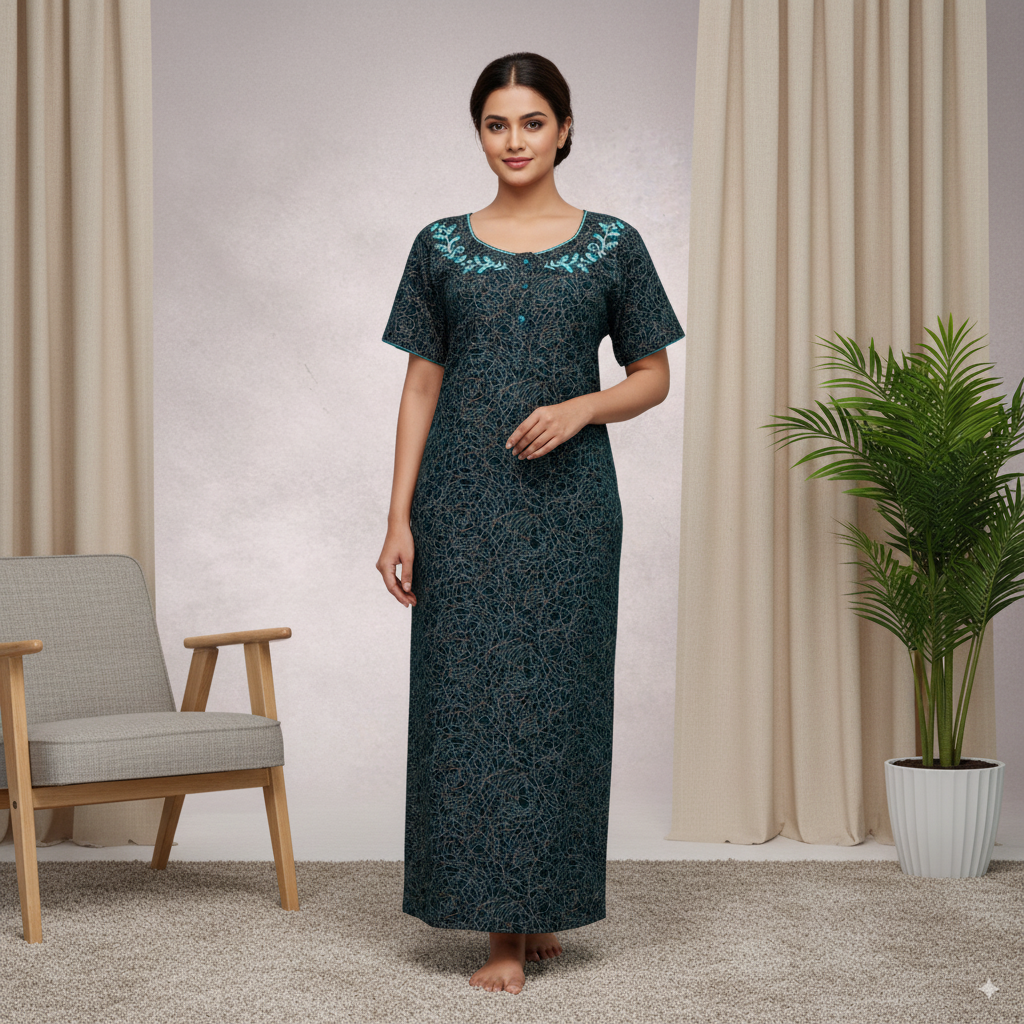 Women’s Premium Cotton Nighty with Embroidered Neckline – Teal Black