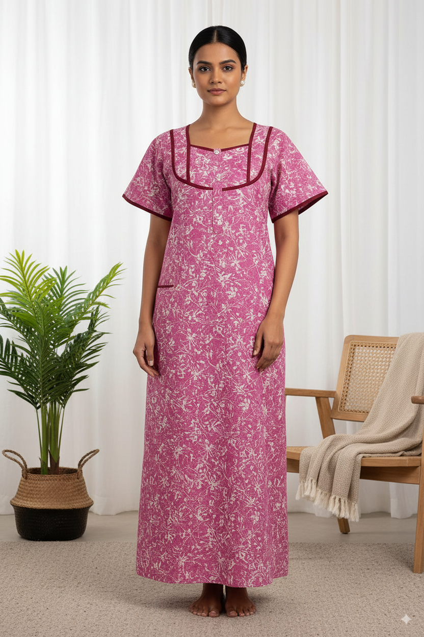 Magenta Abstract Printed Cotton Nighty with Contrast Neckline