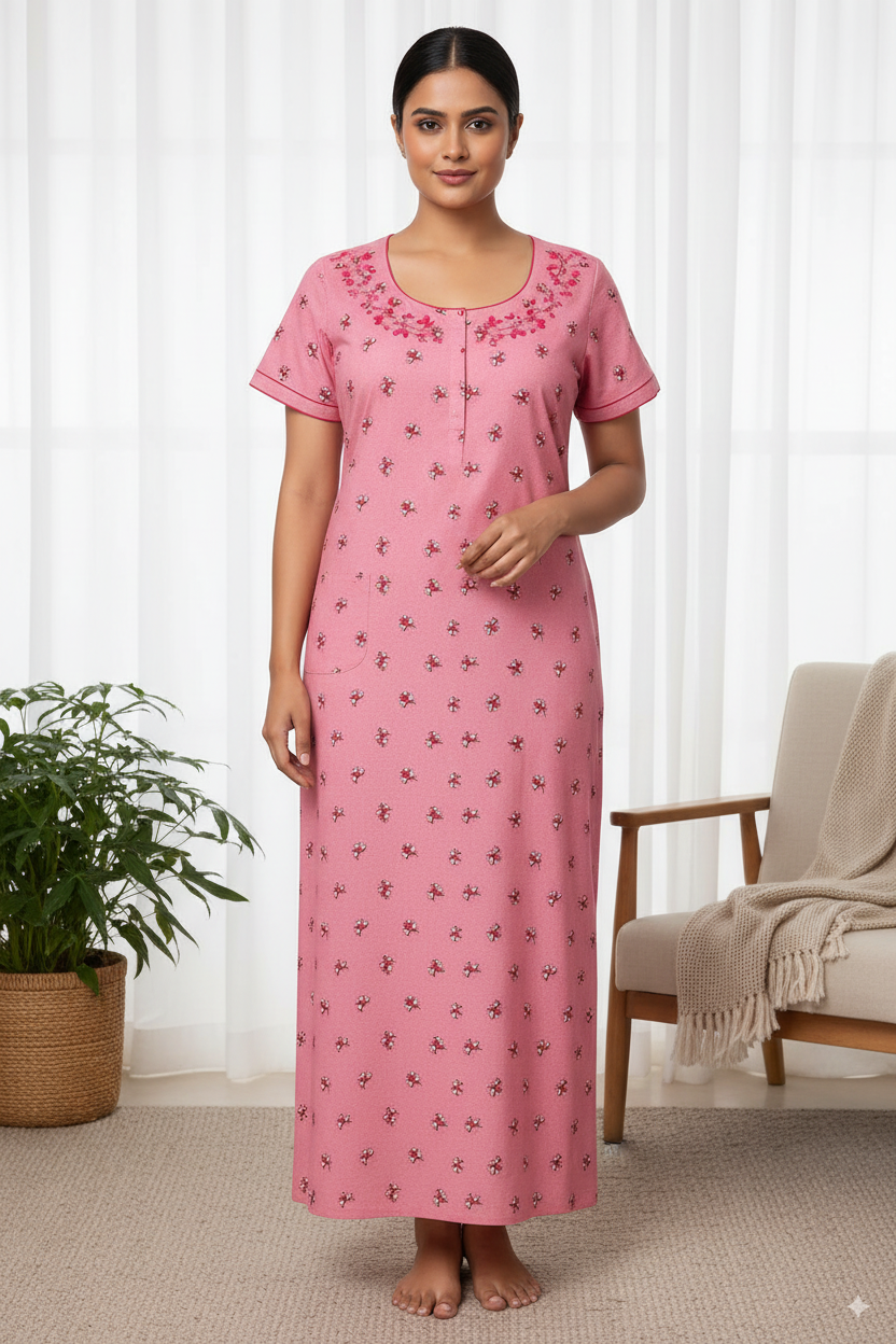 Pink Floral Printed Cotton Nighty with Neck Embroidery