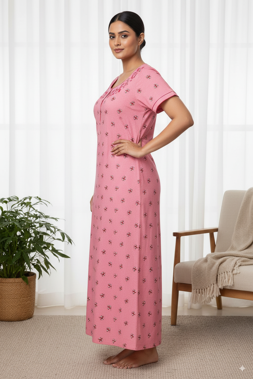 Pink Floral Printed Cotton Nighty with Neck Embroidery