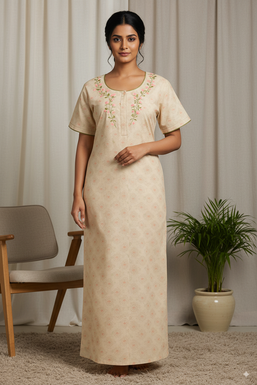Elegant Beige Floral Printed Nighty with Embroidered Neckline