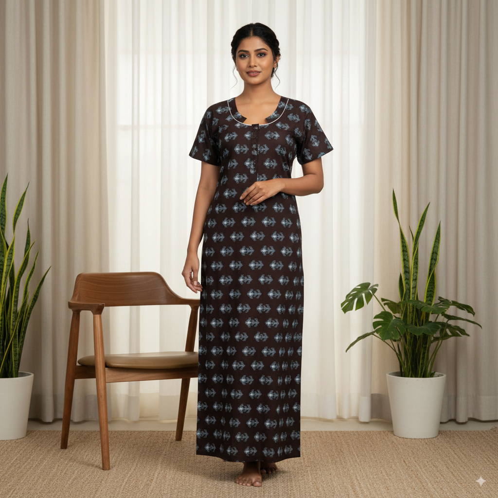 Rayon Heavy Nighty – Dark Brown with Grey Ikat-Inspired Print